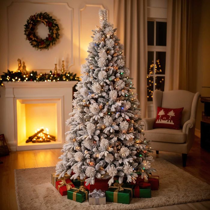 Brad de Craciun Premium cu Led-uri, zapada si conuri 185cm