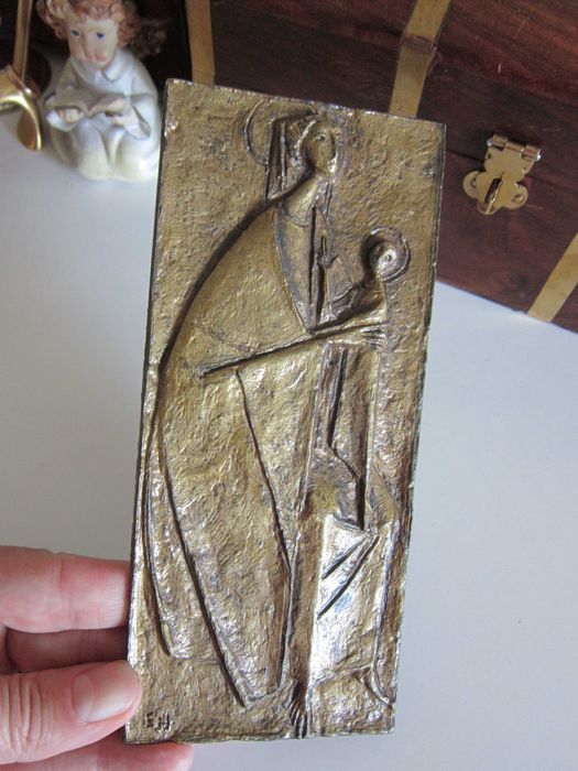 Craciun cadou rar Fecioara Maria cu pruncul, bronz E.Huber Austria1988