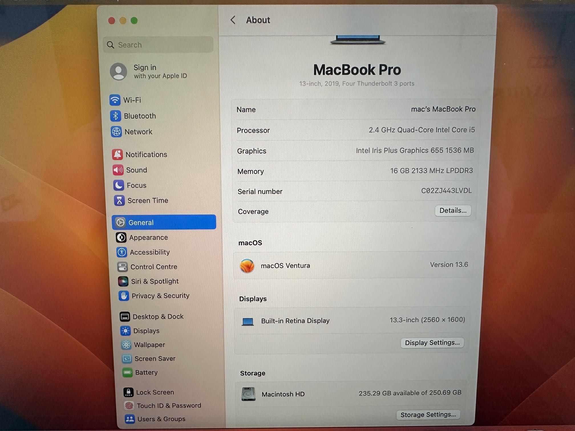 MacBook Pro Retina 13" 2019 2.4GHz i5 4-Core/ 16GB RAM/ 256GB SSD