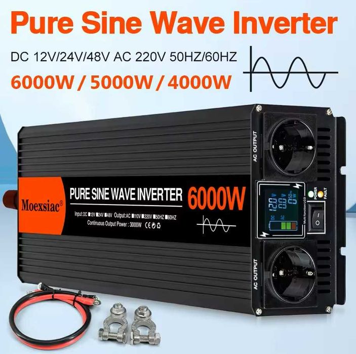 Invertor Moexsiac, sinus pur, 6000W, 24V sau 48V 220V, dubla priza EU