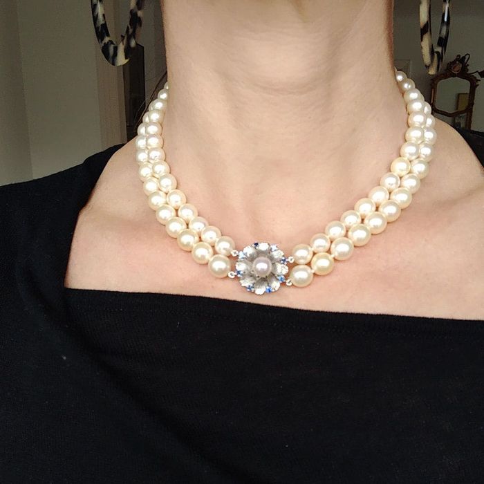 (PROMOTIE) colier vintage perle Akoya, aur 18k, safire, certificat