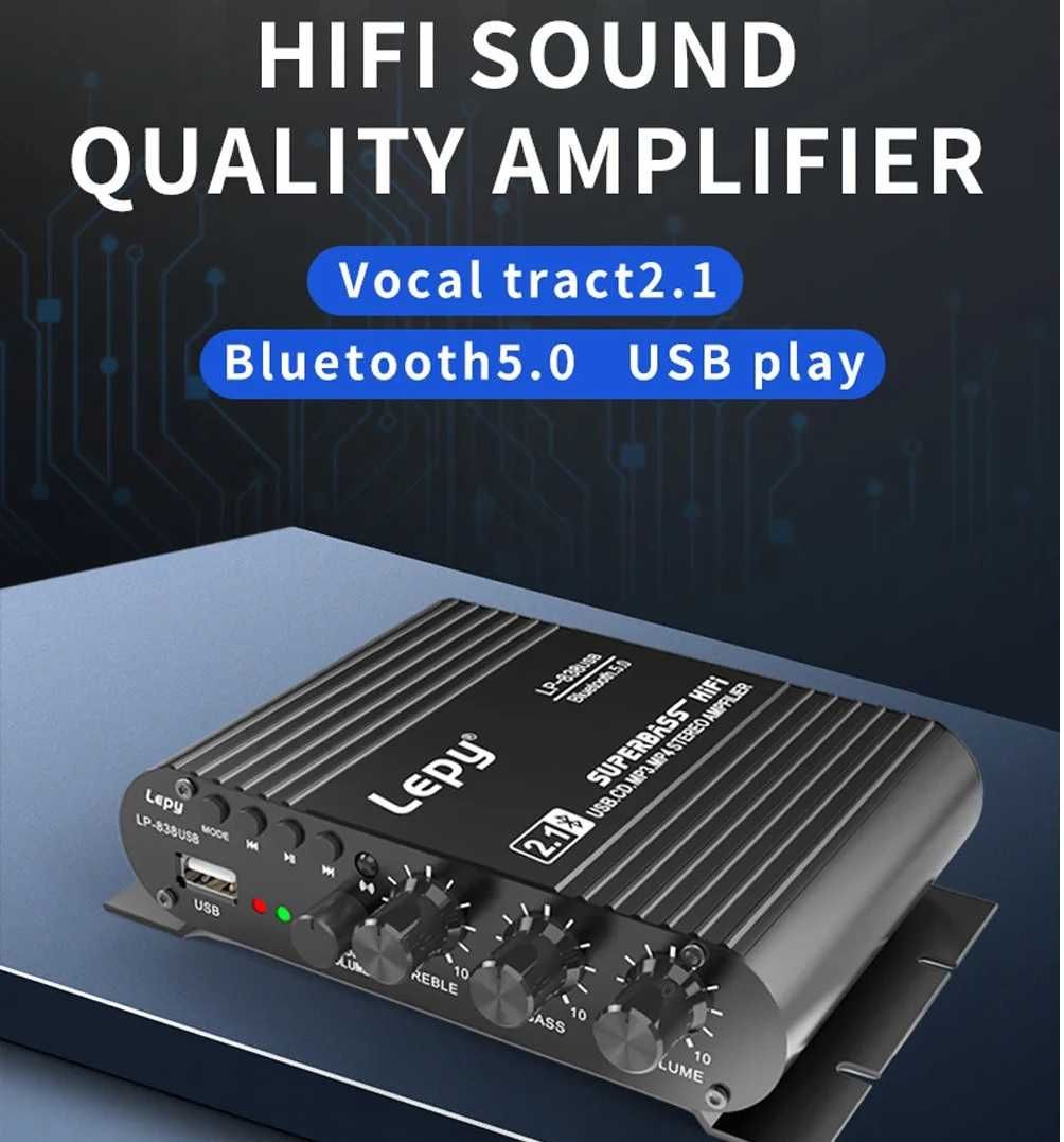 Аудио усилвател за тонколони бас стерео система Bluetooth USB AUX