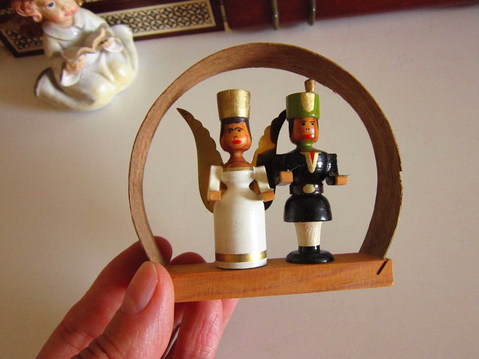 cadou rar Craciun Inger si Miner miniatura vintage lemn 1950 Germania