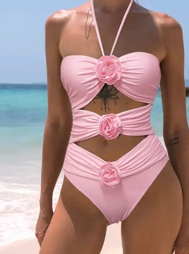 Дамски цял бански розов бял Blumarine