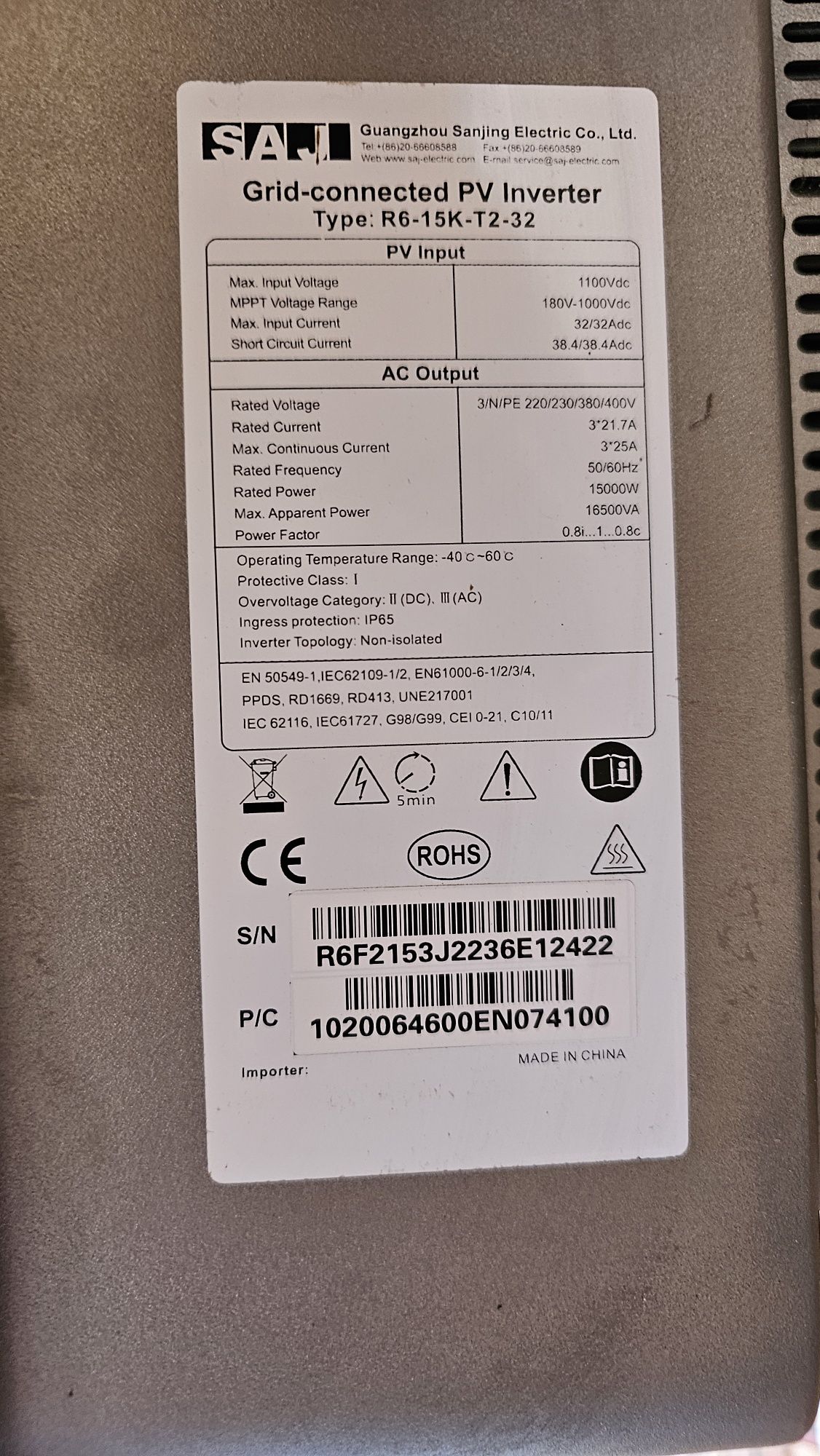 Мрежови инвертор SAJ 15кw,380V,R6-15k-T2-A103,2mppt,DC