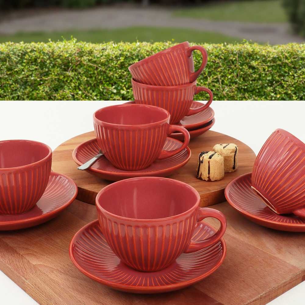 Комплект 6 чаши за кафе с чинийки, Keramika, 210 ml, 14 cm