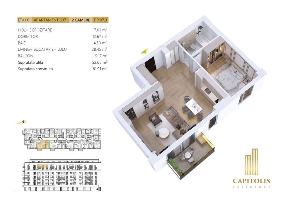 Apartament cu 2 camere, 52mp, etaj 6, Capitolis Residence
