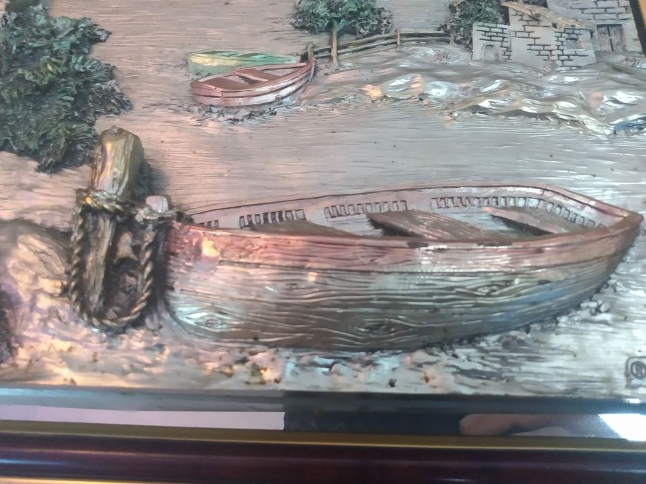 Tablou in relief argint 925, oglinda cristal, pescuit, lac de munte