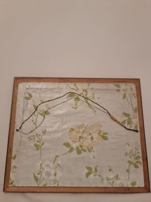 Tablou ceramic emailat, datat 1934, scenă de iarnă cu cabană