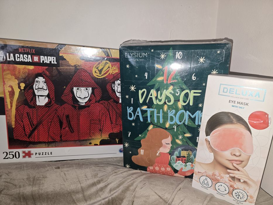 Коледен подарък - 12бр бомбички за вана, маска за очи, пъзел