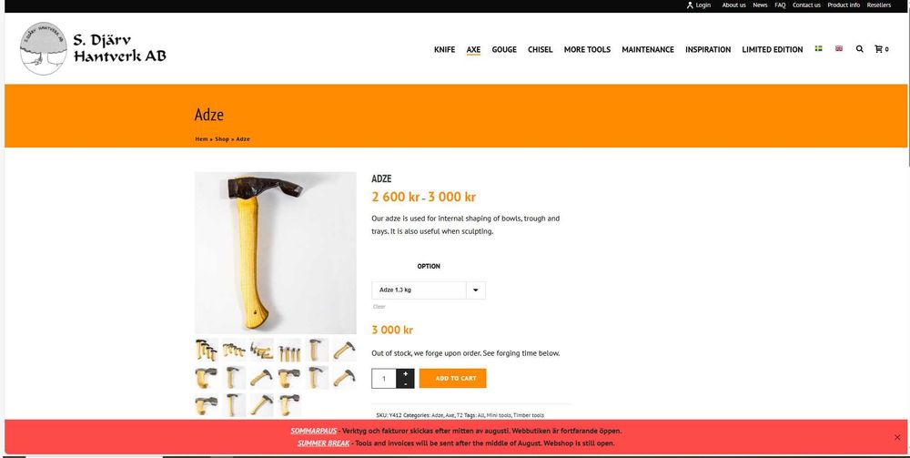 Vând Topor (Adze) Forjat Manual – S. Djärv, Suedia