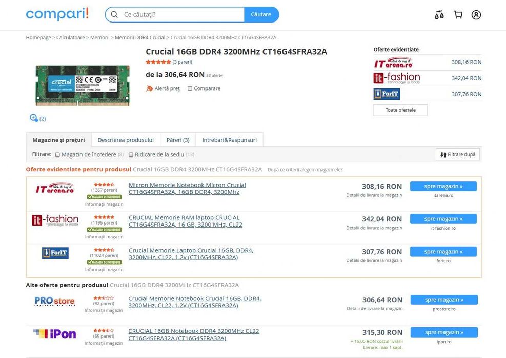 Memorie Ram Laptop Crucial 16GB, DDR4, 3200MHz –sigilate , noi