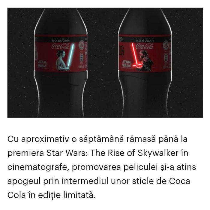 Colecție, sticle de colecție Coca-Cola UNICE în România Star Wars 2019