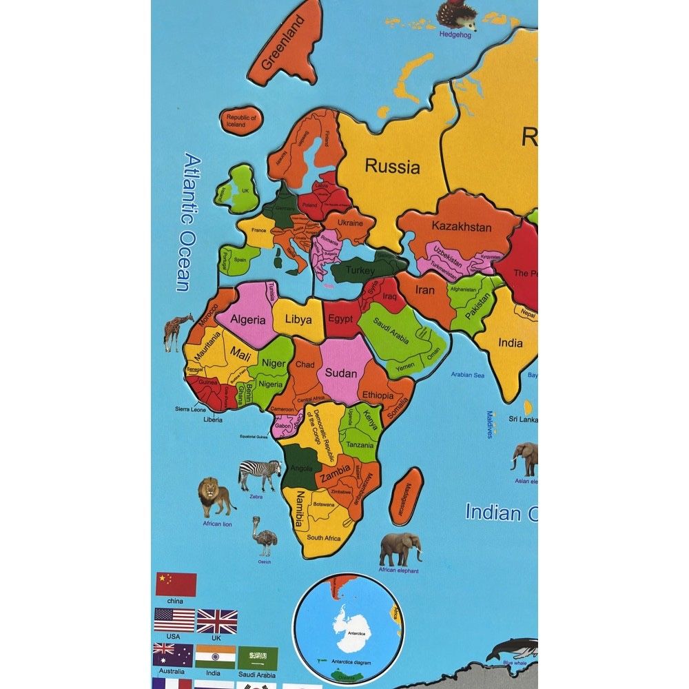 Puzzle educativ NOU cu harta lumii si animale specifice magnetic