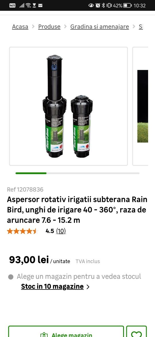 Aspersor rotativ irigatii 360° pt gazon Rain Bird din Leroy Merlin