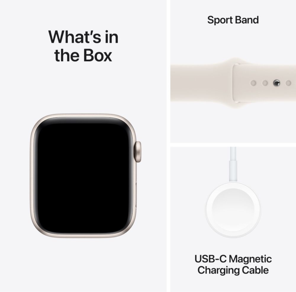 Apple Watch SE (2024), GPS, 40 мм, Starlight, спортна каишка S/M.