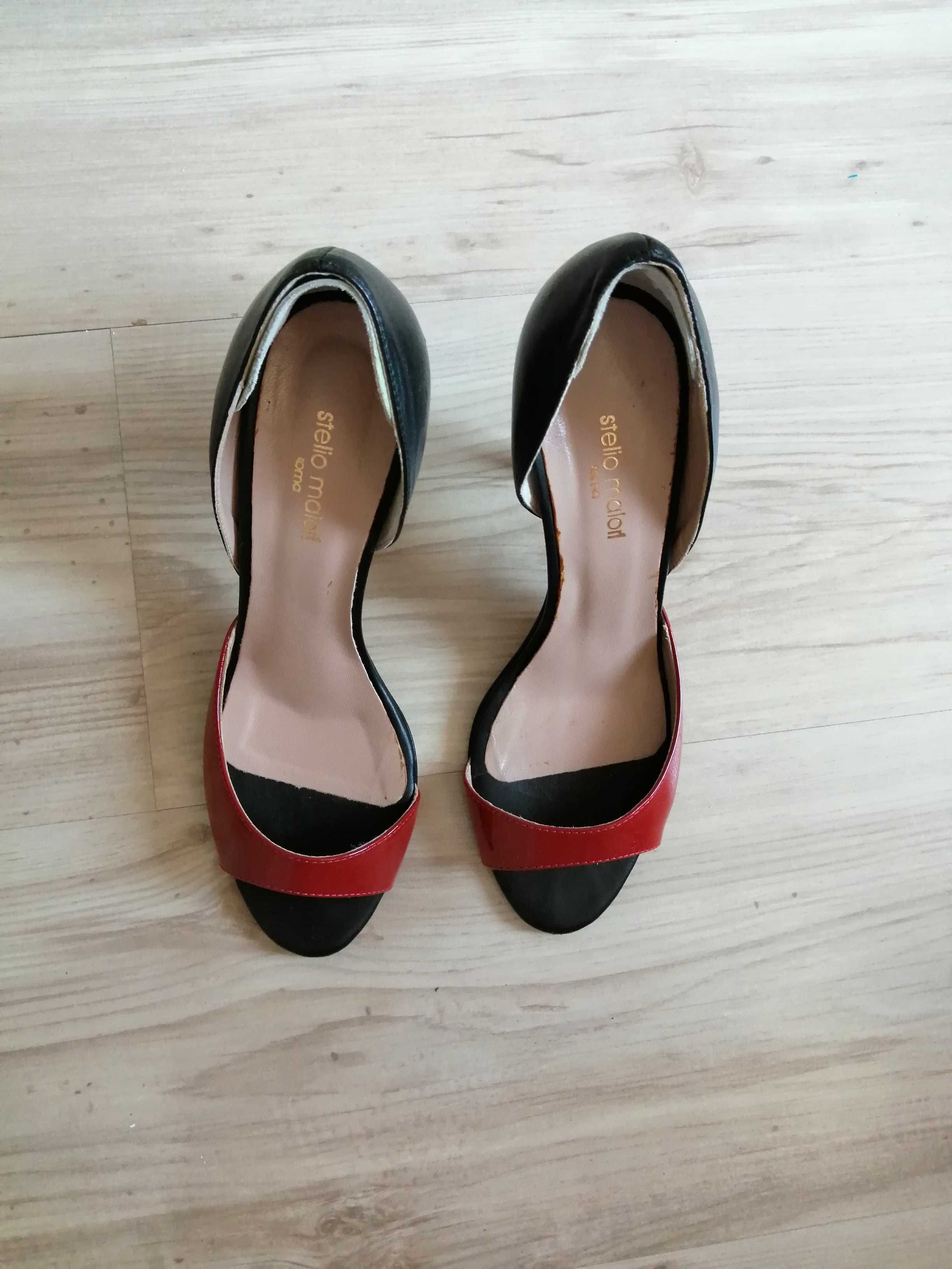 Дамски отворени обувки/сандали висок ток черно/червено естествена кожа