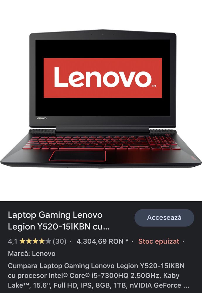 Laptop Gaming Lenovo Legion Y520-15IKBN cu procesor Intel Core® i5-730