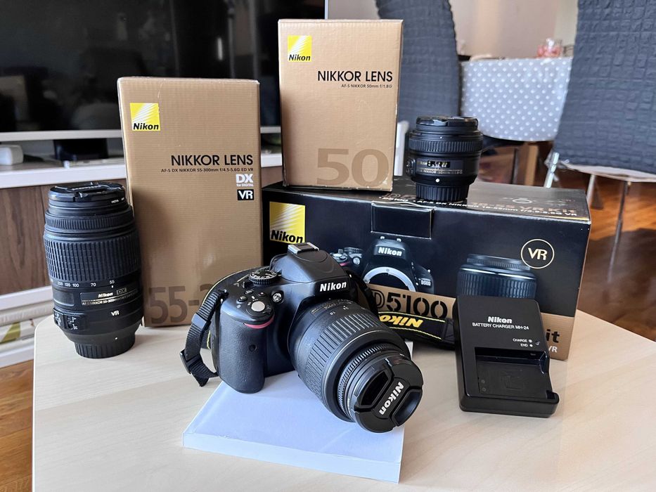 Nikon D5100 / тяло + 3 обектива (18-55mm сток, 50mm, 55-300mm VR)