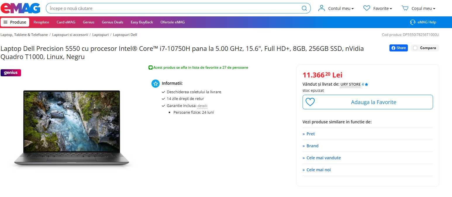 Laptop Dell Precision i7-10875H 32 gb 1 TB SSD Ca nou Garantie 12 luni