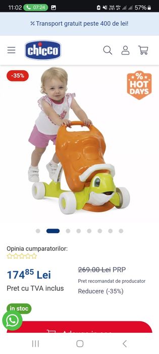 Jucarie antemergator ecologic Chicco, Broasca testoasa Walk and Ride,