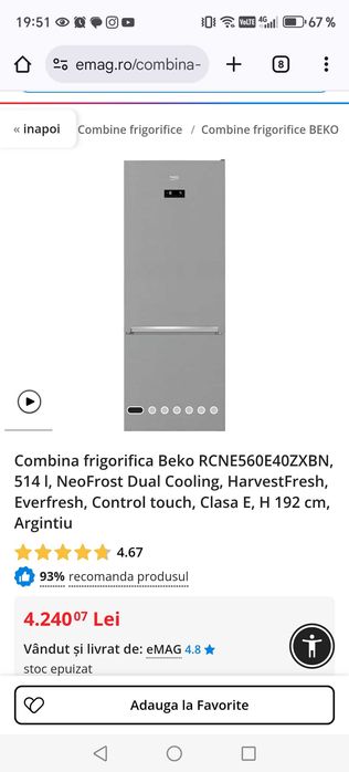 Frigider Beko  514L, Argintie, stare bună nu mai îngheață congelatorul
