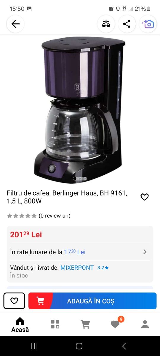 Vand cafetiera berlinger haus 800w