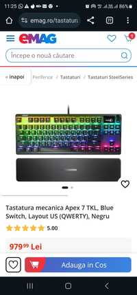 Tastatura mecanica Apex 7 TKL, Blue Switch, Layout US (QWERTY), Negru