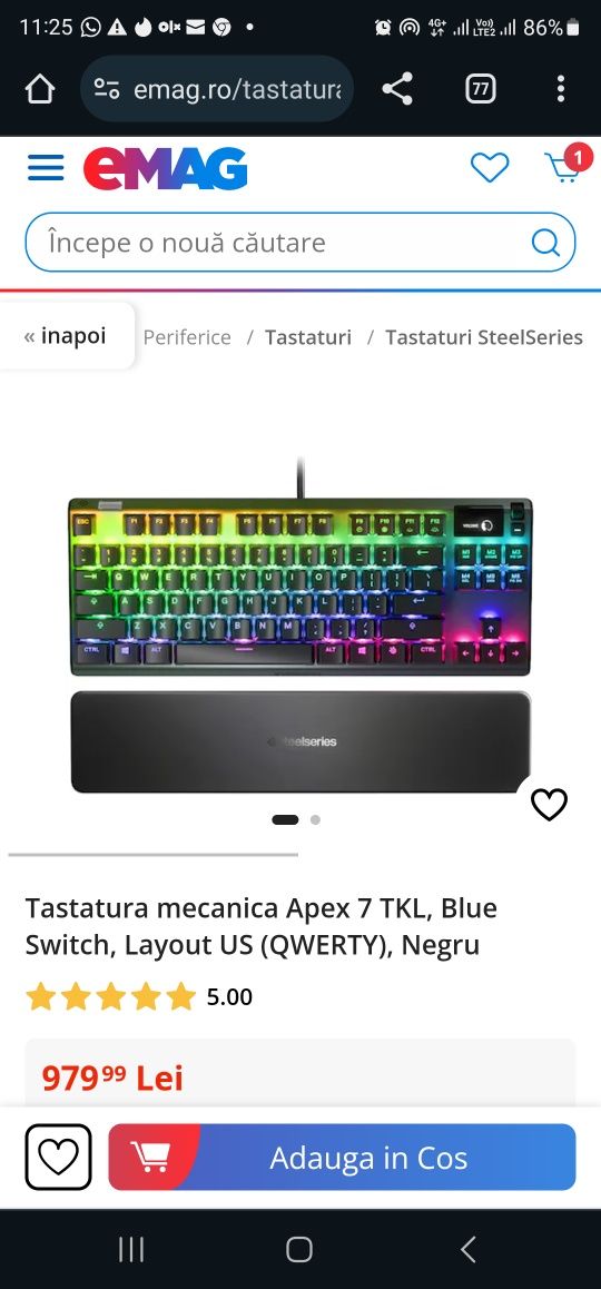 Tastatura mecanica Apex 7 TKL, Blue Switch, Layout US (QWERTY), Negru