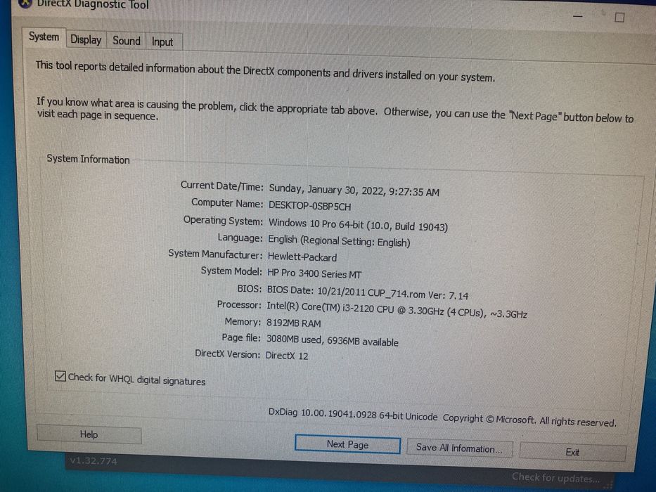 Sistem Desktop HP Pro 3400  MT Intel i3-2120 ;8 GB RAM
