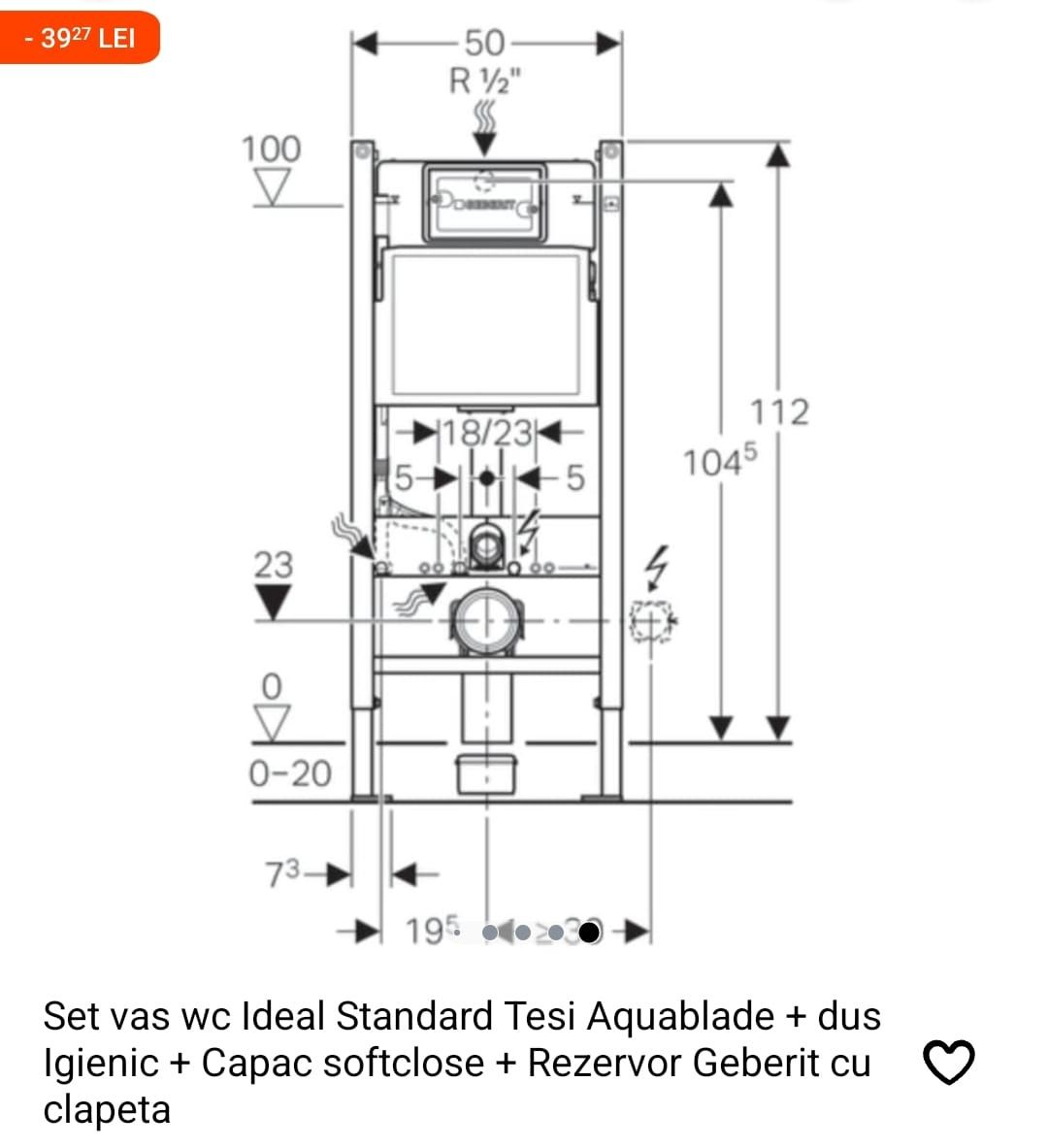 Set vas WC Ideal standard Tesi Aquablade+ Capac soft+rezervor Geberit