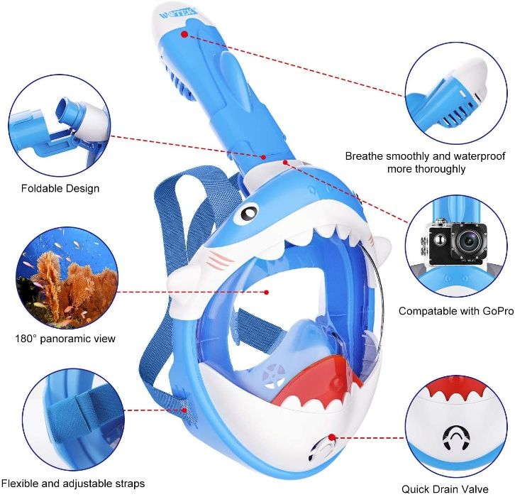 Masca inot snorkeling copii, 180 grade, 4-10 ani, vara, mare