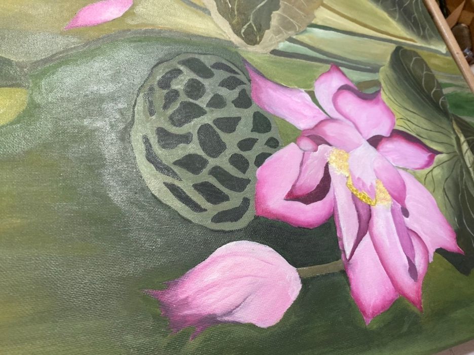 Vand tablou pe canvas , floare de lotus, acril pe panza . 80/50cm
