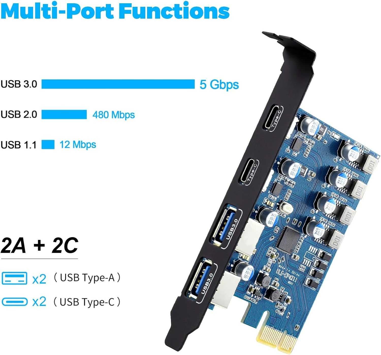 PCIe карта 4 порта (2 x USB C, 2 x USB A) 5 Gbps PCIe USB 3.0/USB 3.2