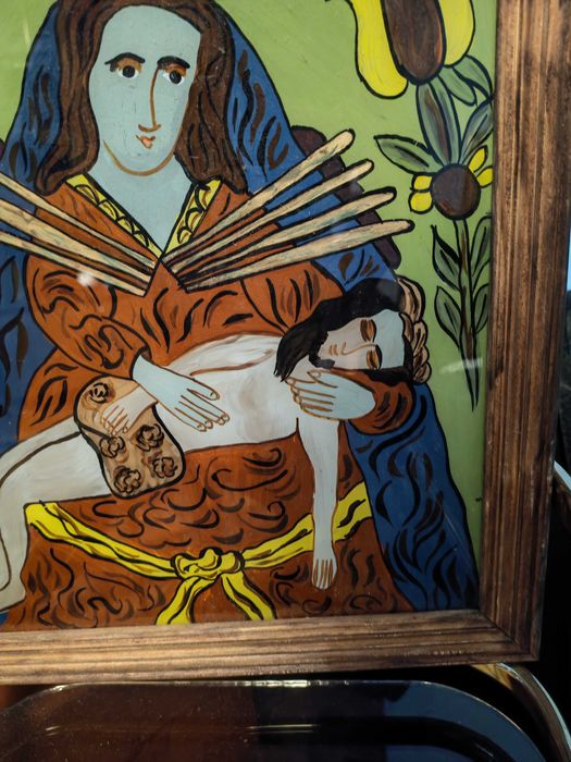 Icoana catolica poloneza veche, pictata pe sticla