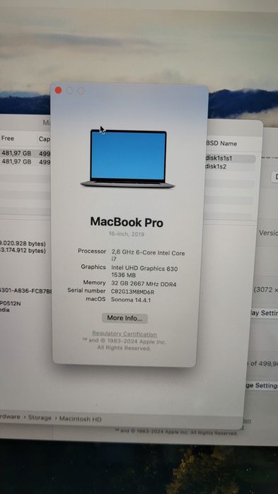 Macbook pro 16 inch 2019. I7 32 gb ram ssd 500 gb