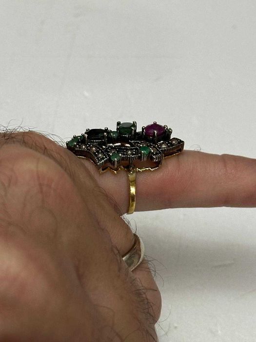 INEL AUR 14K + ARGINT + Diamante + Smaralde + Rubin + Safir - Vintage