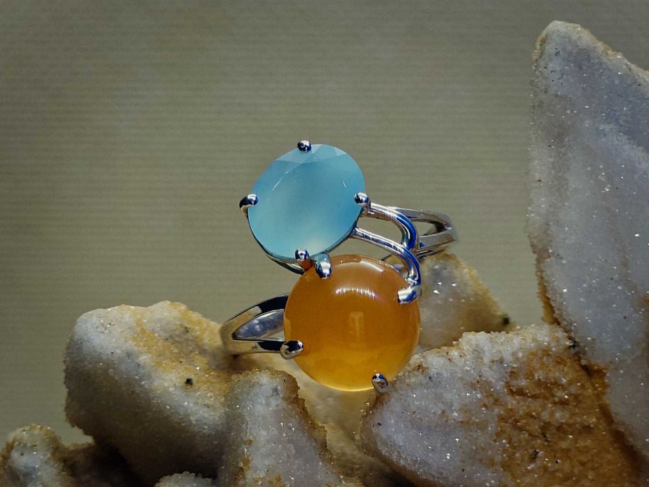 Inel argint rodiat cu calcedonie – duo portocaliu & albastru