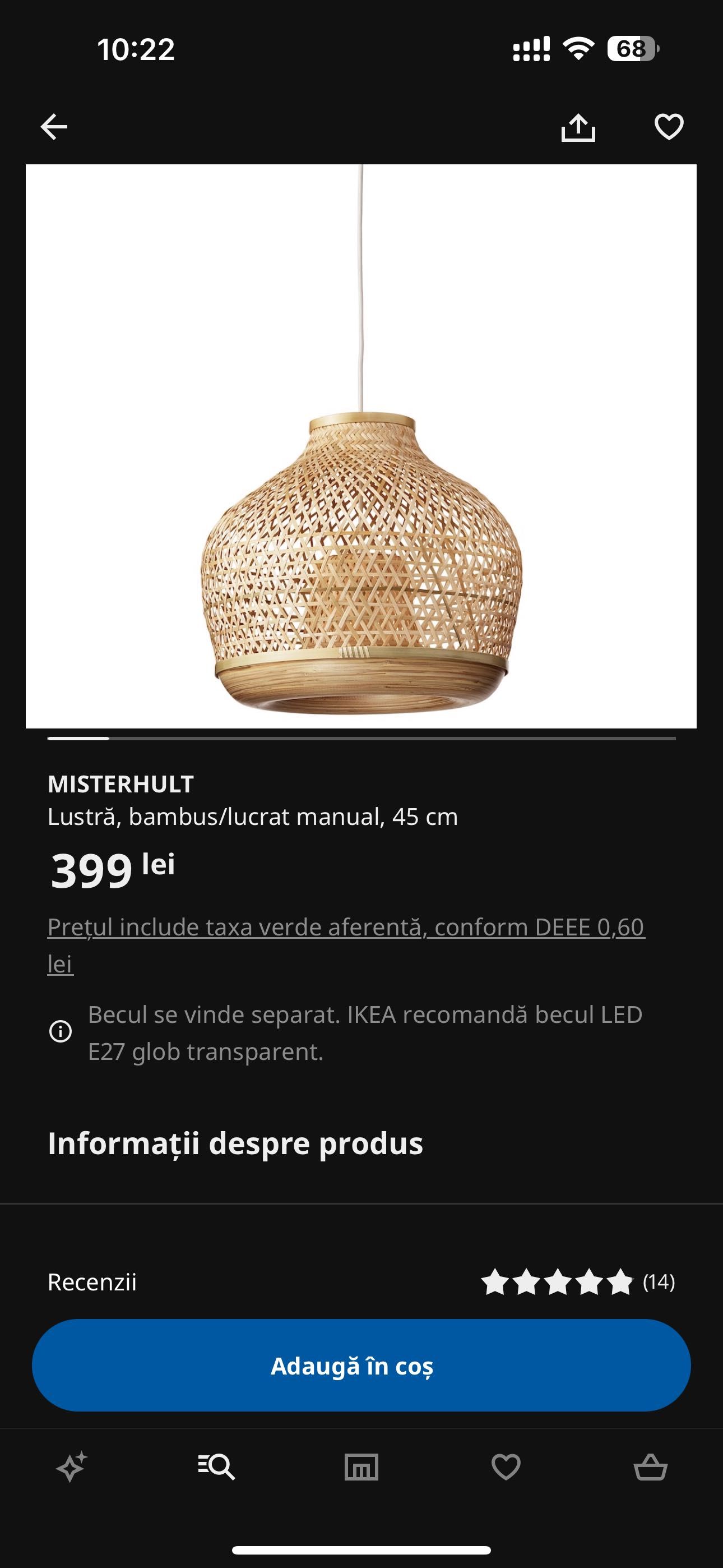 Corp iluminat Lustra Ikea MISTERHULT 45 cm bambus / lucrat manual