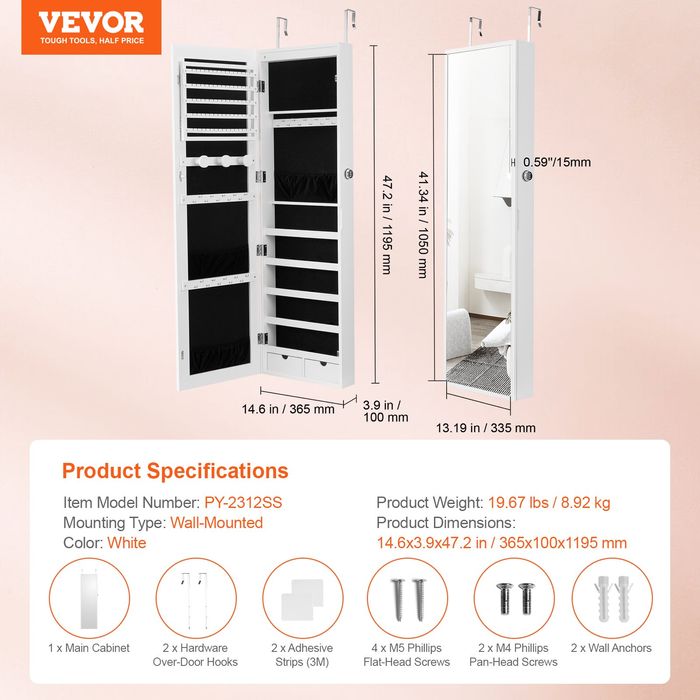 Dulap Bijuterii cu Oglinda,1194mm,Blocabil,LED,Alb
