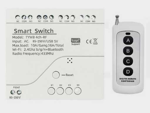 Смарт блок 4 канала работает от пульта и wifi приложение Tuya