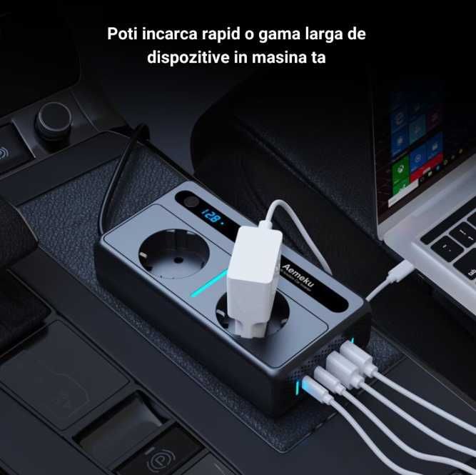 Invertor Auto 12/24 V, Putere 200W/300W, 2 Priza EU, 2 USB, 2 Type-C