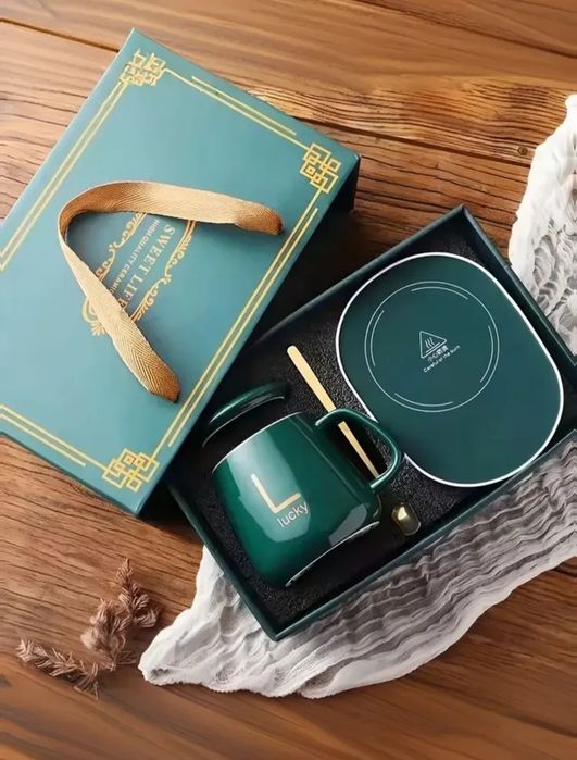 Кружка керамическая с подогревом и подставкой подарочная