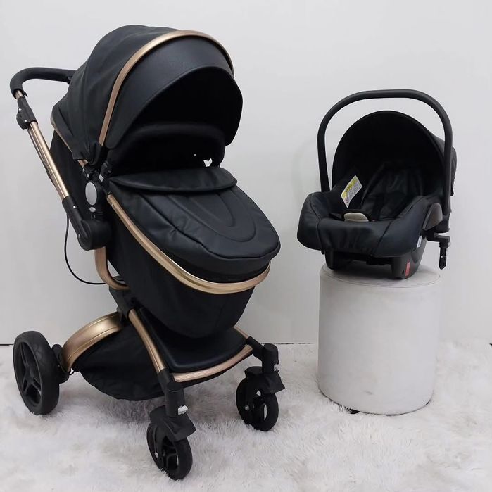 Cărucior 3in1 negru/piele rotire 360