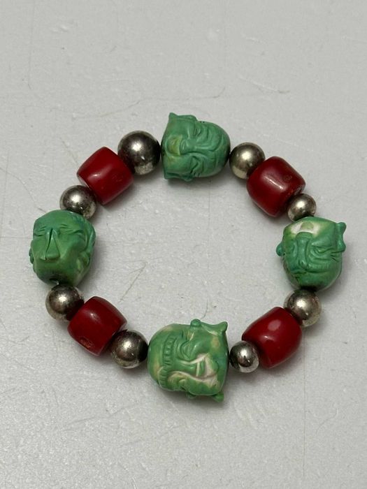 BRATARA ARGINT + CORAL + JAD - Budha sculptat - Elastica - Vintage !