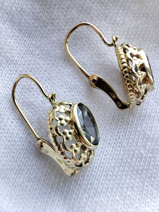 (REZ) Cercei Aur 14K Cu Topaz Fleur De Lis Ungaria Unicat