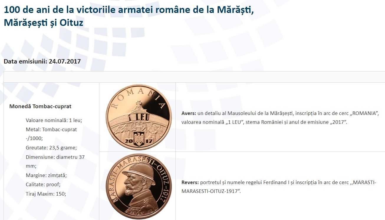 Moneda BNR 1 leu tombac Marasti, Marasesti, Oituz gradata NGC PF 69 UC