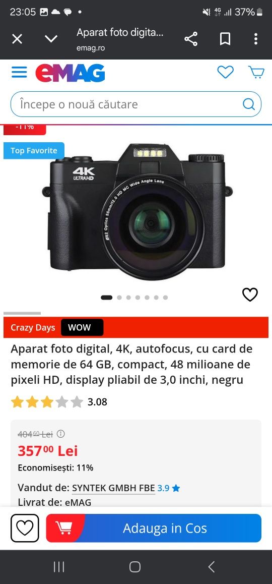 Aparat foto digital, 4K, autofocus, HD, display pliabil de 3,0 inchi,