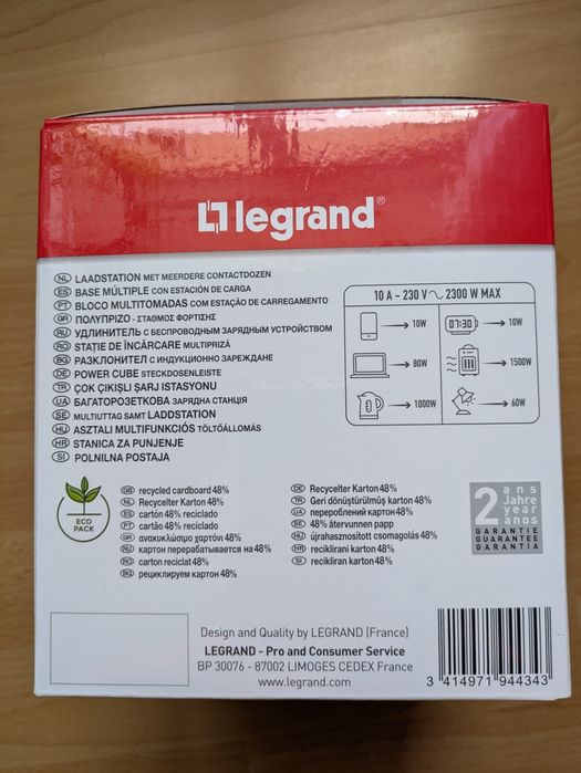 Statie de incarcare cu prelungitor, Legrand, 2m, USB A+C, Alb/Gri