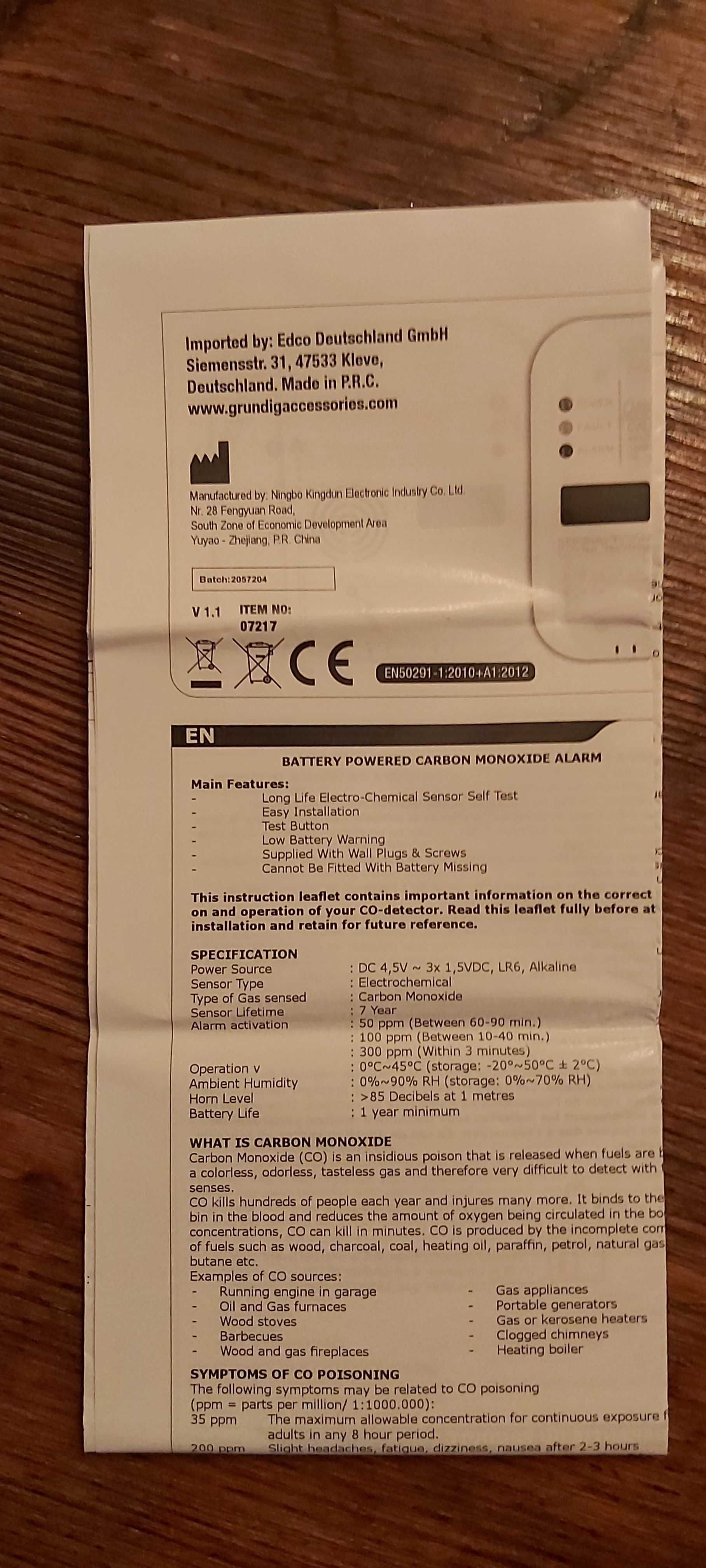 Detector monoxid de carbon marca GRUNDIG Germania